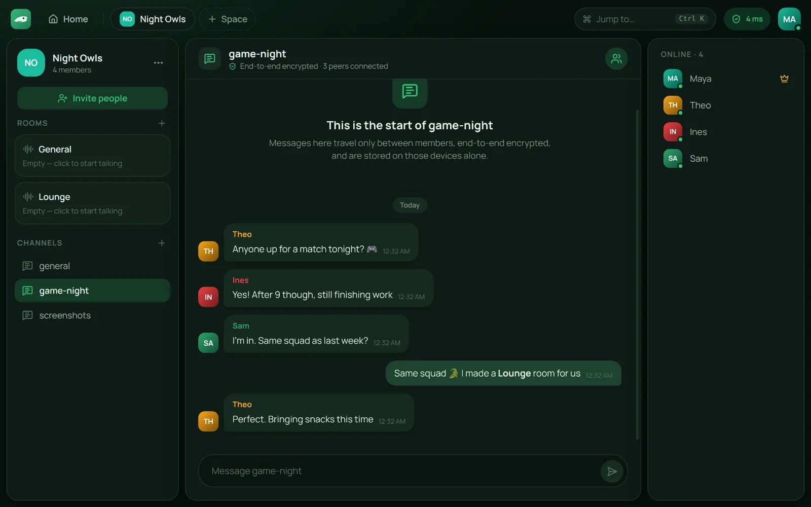 A space called Night Owls: four friends plan a game night in a text channel, with their voice rooms in the sidebar.