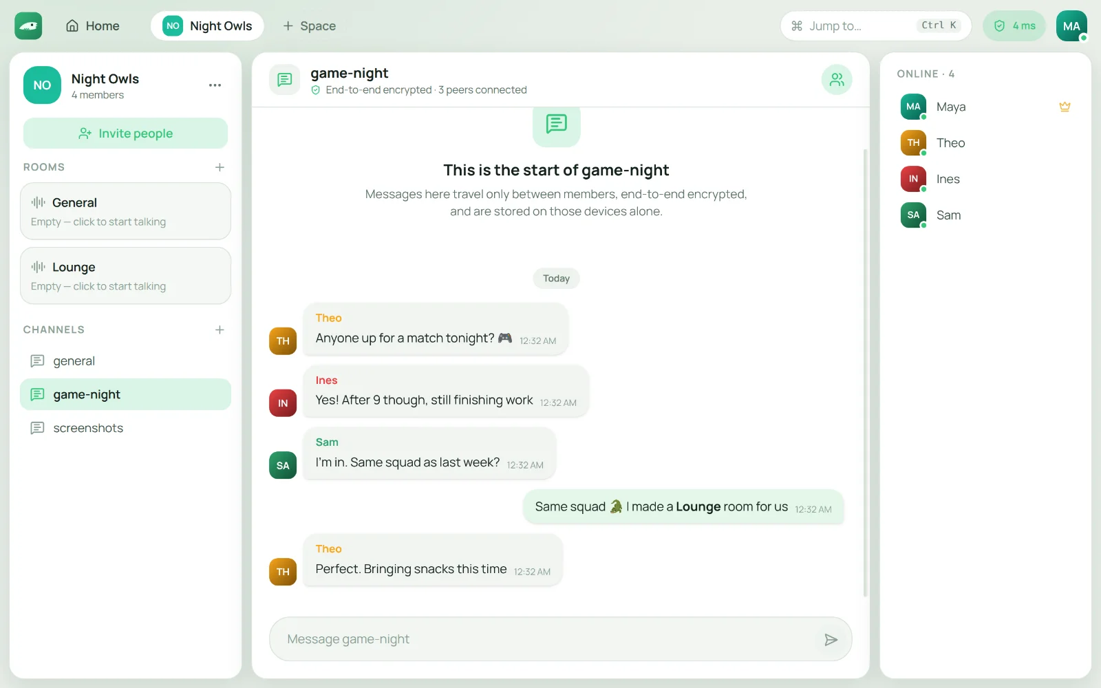 A space called Night Owls: four friends plan a game night in a text channel, with their voice rooms in the sidebar.
