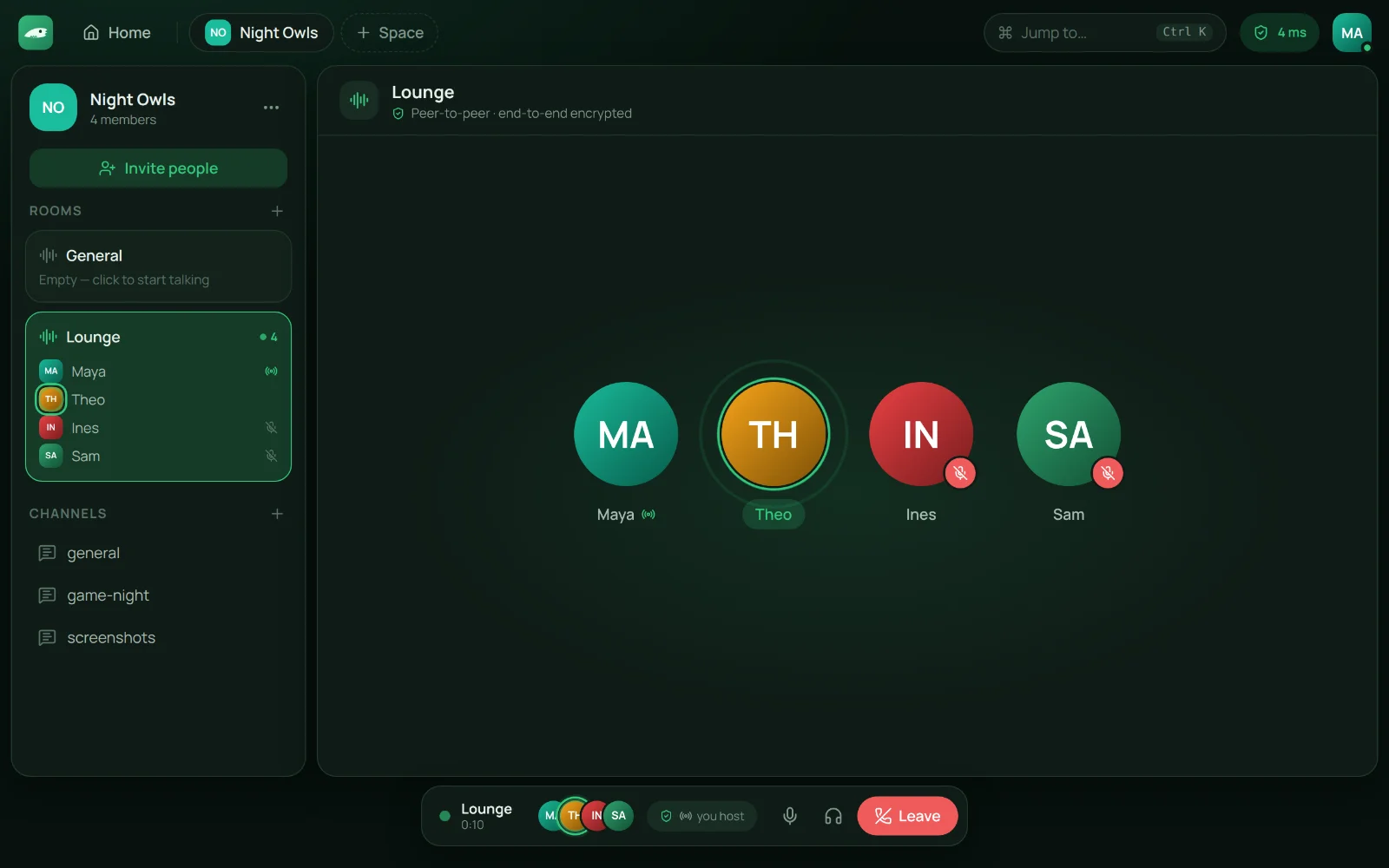 A voice room with four people: two talking, two muted.